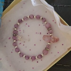 Purple Kunzite & Amethyst Beaded Stretch Bracelet with Quartz Crystal Charm